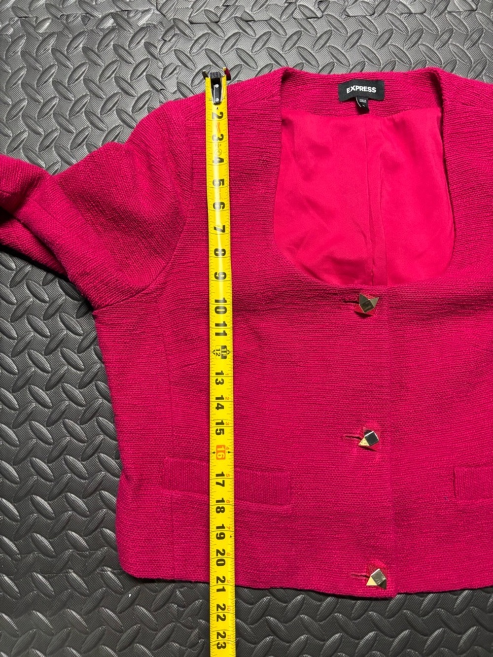 Express Pink Cropped Blazer Jacket Textured Gold Button XL - Picture 10 of 12